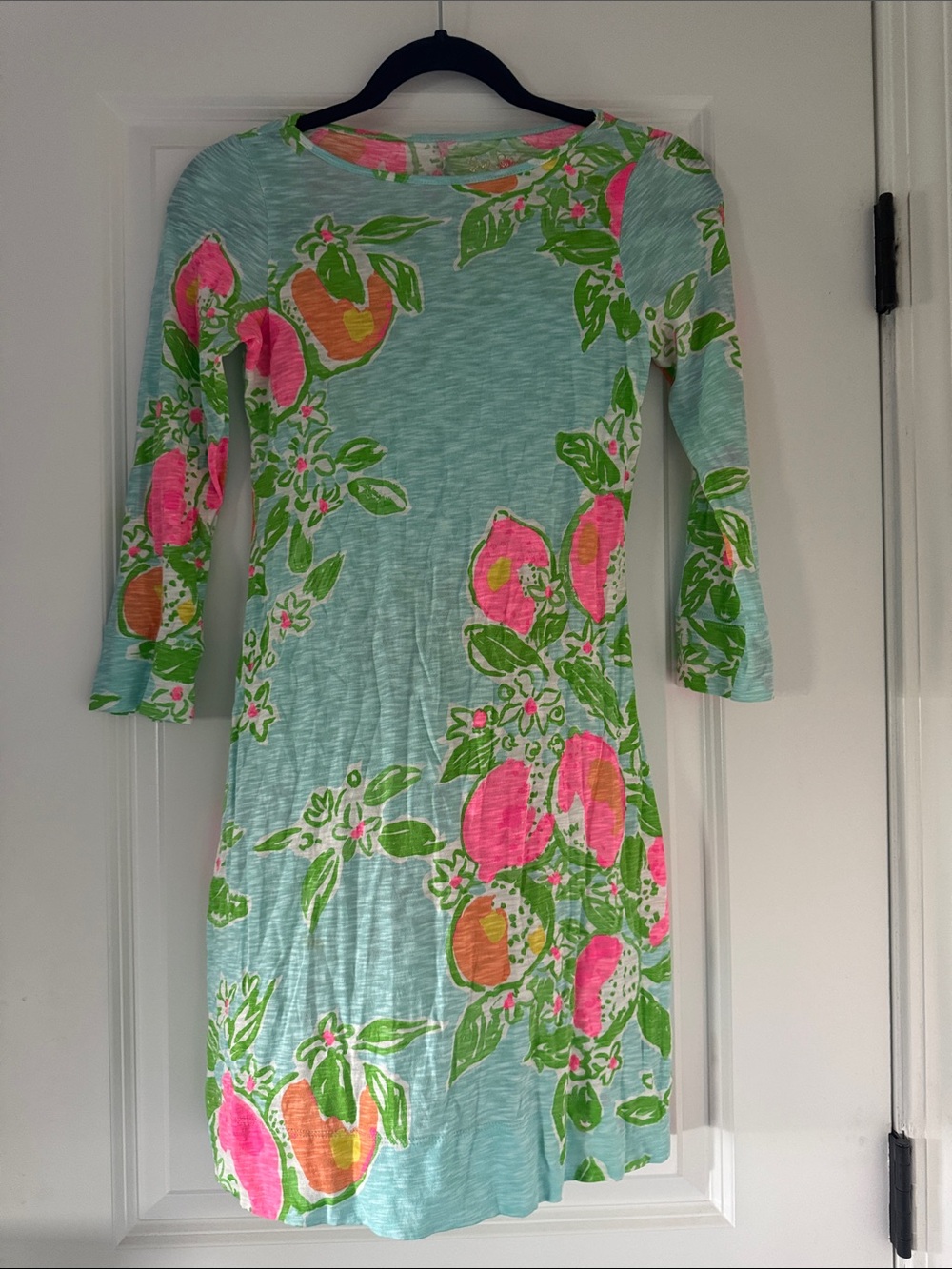 Lilly Pulitzer Mint Blue Floral Citrus Shift Dress with Pink & Green